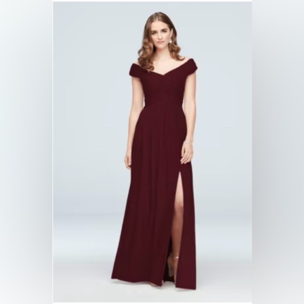David's Bridal Burgundy Off-Shoulder Wedding Dress